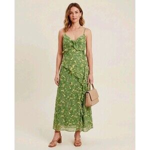 LUSH Green Floral Ruffle Maxi Dress S Faux Wrap V-Neck Chiffon Cottagecore Fairy